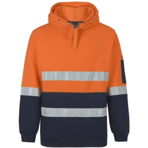 An orange and navy hoodie with reflective stripes and a logo on the sleeve. Suitable for workwear.