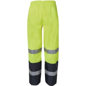 Premium rain pants in bright yellow with reflective grey stripes, featuring an elastic waistband and black lower sections.