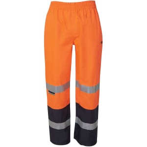 Premium rain pants in bright orange with reflective stripes and a black base, featuring an elastic waistband.