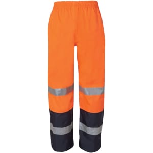 Premium rain pants in bright orange with reflective silver stripes and navy accents. Elastic waistband for comfort.