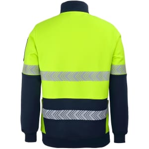 A high-visibility fleece jumper in bright yellow and navy, featuring reflective segmented tape on the back.