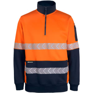 A segmented tape fleece jumper in orange and navy, featuring a half zip and reflective stripes. Includes a logo.