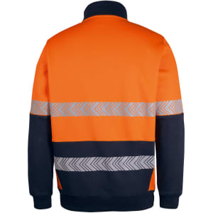 A fleece jumper featuring orange and navy segments with reflective chevron stripes and a logo.