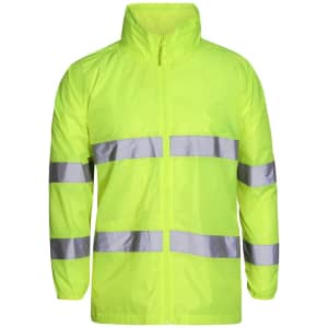 A bright lime jacket with reflective silver stripes and a zip front. Features a high collar and long sleeves.