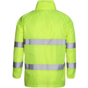 A bright lime work jacket featuring reflective silver stripes and a high collar. Includes a logo on the design.