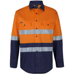 An orange and navy long-sleeve work shirt featuring reflective tape and two front pockets. It has a logo on the chest.