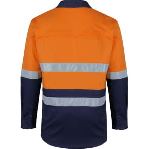A long-sleeve work shirt in orange and navy blue, featuring reflective tape. Includes a logo on the back.