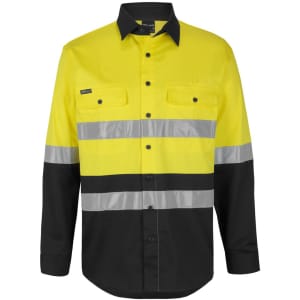 A long-sleeve work shirt in bright yellow and black, featuring reflective stripes and two chest pockets. It has a logo.