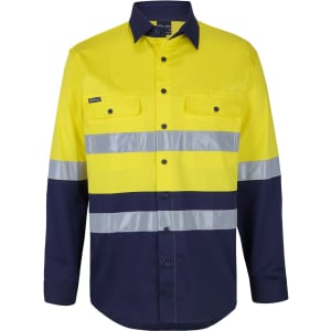 A long-sleeve work shirt in high visibility yellow and navy, featuring reflective tape and a logo on the chest.