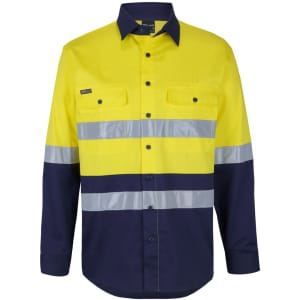 A long-sleeved shirt in high visibility yellow and navy, featuring reflective tape and a logo.