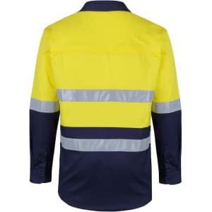 A long-sleeve work shirt in yellow and navy, featuring reflective tape for visibility and a brand logo.