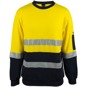 A bright yellow and navy cotton crew neck fleece jumper featuring reflective stripes and a pocket on the sleeve.