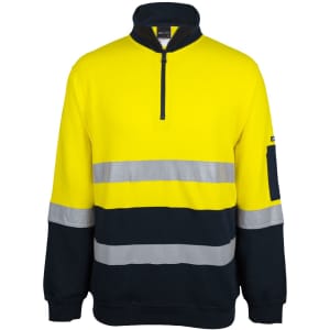 A high-visibility fleece jumper in bright yellow and navy, featuring reflective stripes and a half zip.