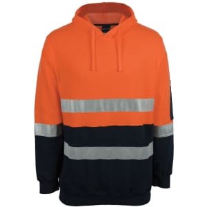 An orange and navy fleece hoodie featuring reflective stripes and a hood. It has branding on the sleeve.