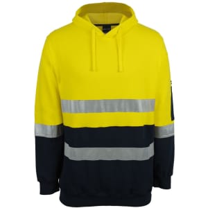 A bright yellow and navy cotton pullover fleece hoodie with reflective stripes and a logo.
