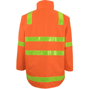 A bright orange jacket with reflective green stripes, featuring a collar and a zip-off sleeve design.