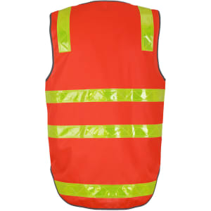 An orange safety vest featuring reflective yellow stripes, designed for visibility and safety in work environments.
