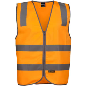 An orange safety vest featuring grey reflective stripes and a zip closure, with a front pocket and branding.