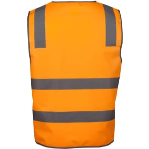 An orange safety vest featuring grey reflective stripes and a branding logo. Back view displayed.