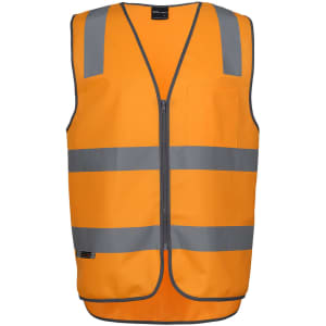 An orange zip safety vest with grey reflective stripes and a front pocket, featuring a logo.