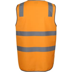 An orange safety vest featuring reflective grey stripes and a branding logo.