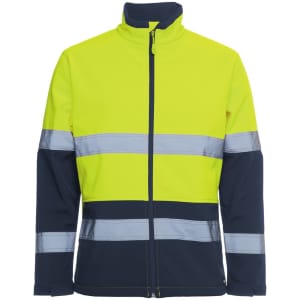 A high-visibility three-layer softshell jacket in fluorescent yellow and navy, featuring reflective stripes and a zip closure.