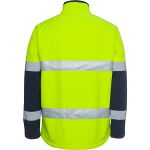 A high-visibility three-layer softshell jacket in bright yellow with navy sleeves and reflective strips.