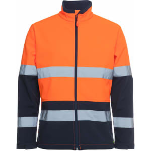 A three-layer softshell jacket in high-visibility orange and navy, featuring reflective stripes and a zip front.