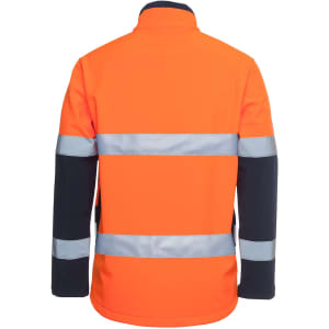 A bright orange jacket with reflective silver stripes, featuring black accents on the sleeves and shoulders.
