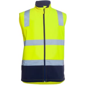 A high-visibility three-layer softshell vest in bright yellow with navy accents, featuring reflective strips and a logo.