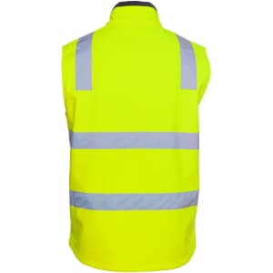 A high-visibility yellow three-layer softshell vest with reflective strips on the back. It features a logo.