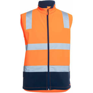 An orange and navy three-layer softshell vest with reflective strips and a high collar. It features a logo.