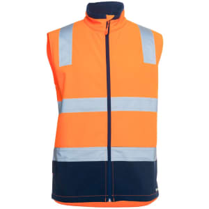 A high-visibility vest in orange and navy, featuring reflective strips and a zip front. It has a logo on it.
