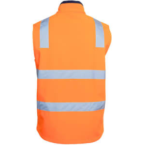 An orange three-layer softshell vest featuring reflective strips and a collar. It has a logo on the front.