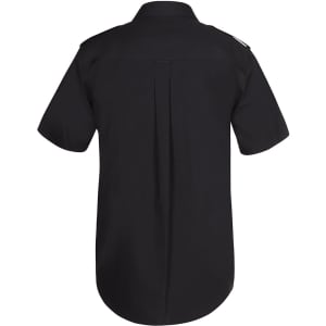 A black button-up shirt with a collar and short sleeves, featuring a back pleat and a logo on the shoulder.