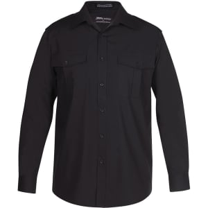 A black button-up shirt with a collar, long sleeves, and two chest pockets. It features a logo on the label.