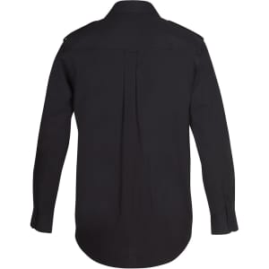 A black button-up shirt featuring long sleeves and a back pleat, with a subtle logo on the collar.