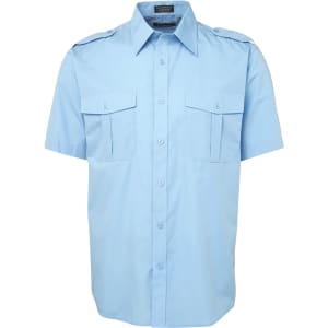 A short-sleeved button-up shirt in light blue with two chest pockets and a logo on the collar.