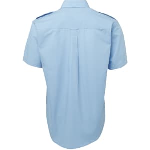 A light blue button-up shirt with a back pleat and a collar, featuring a logo on the chest.
