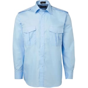 A button-up shirt in light blue with two chest pockets and shoulder epaulets. Features a logo on the collar.