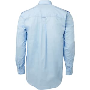 A light blue button-up shirt with long sleeves and a back pleat. The shirt features a logo.