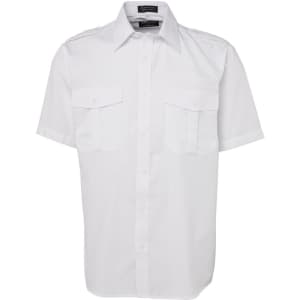 A white button-up shirt featuring two chest pockets and short sleeves. The shirt has a logo on the collar.