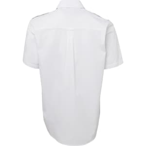 A white short-sleeve button-up shirt with a back pleat and a logo on the label.