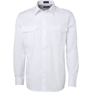 A white button-up shirt with two chest pockets and a collar. The shirt features a logo on the label.