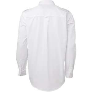 A white button-up shirt with long sleeves, featuring a back yoke and a logo.