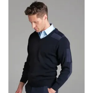 A navy knitted jumper with a V-neck and shoulder epaulettes, featuring a subtle design detail.