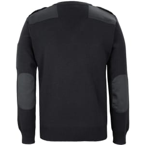 A knitted black jumper featuring shoulder and elbow patches, with a plain back design and a logo.