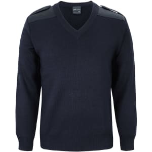 A navy knitted jumper with a V-neck and epaulettes on the shoulders. It features long sleeves and a textured knit.
