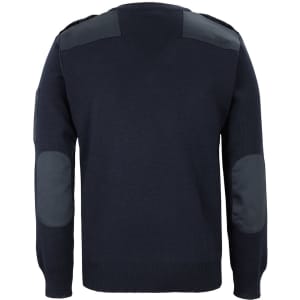 A navy knitted jumper featuring dark shoulder patches and elbow details, complemented by a small logo.