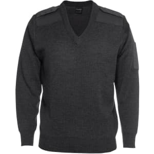 A dark grey knitted jumper with a V-neck, featuring shoulder epaulettes and a sleeve pocket. It has a logo.